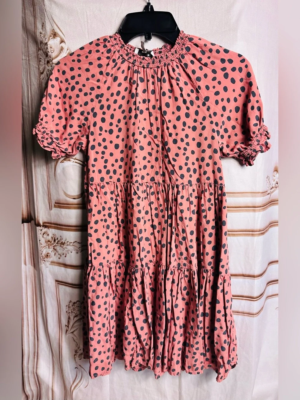 Smocked Neck Pink Polka Dot Tiered Girls Dress